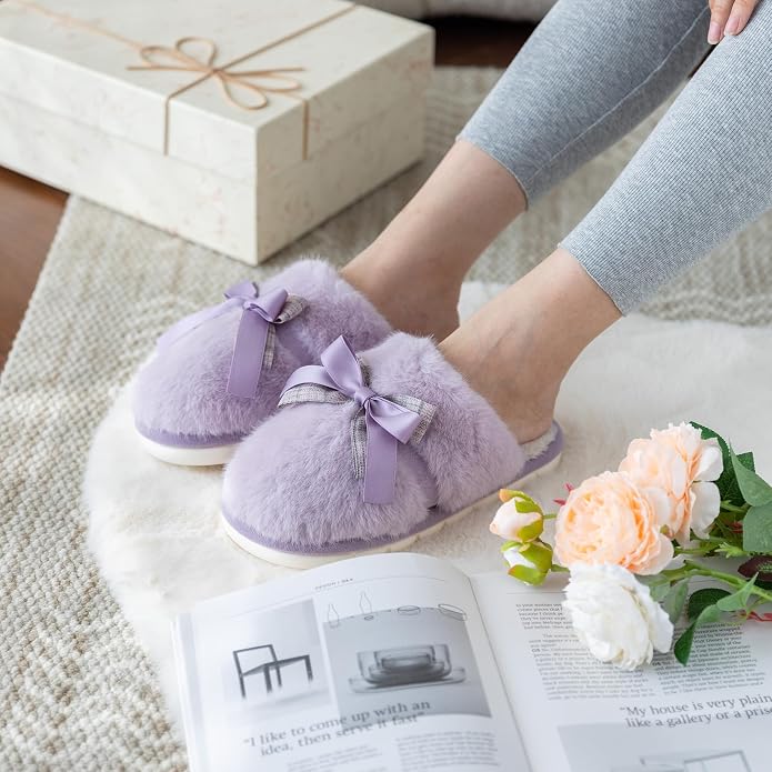 GOEWY Cute Women's Memory Foam House Slippers - Fuzzy Plush Faux Fur Slippers with Bow Butterfly Tie - Anti-Skid Indoor/Outdoor Gifts for Women, Moms & Ladies