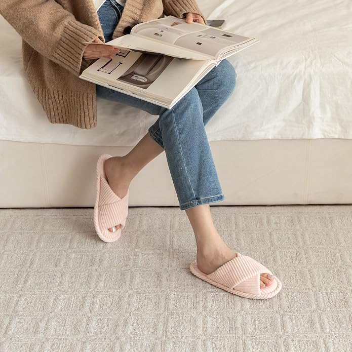 GOEWY Slippers for Women Memory Foam House Bedroom Corduroy Crossbands Open Toe Slides Sandals Shoes Comfy Trendy Gift for womens Anti-Skid sole