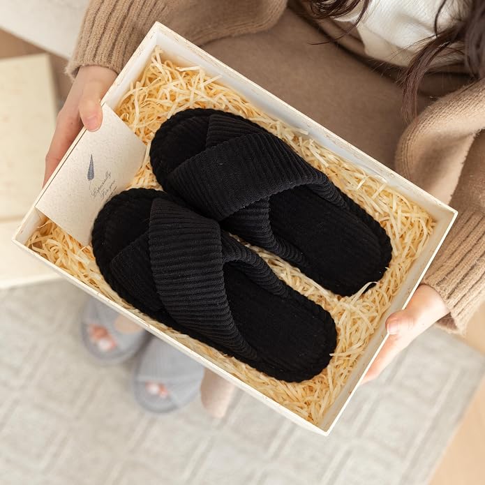 GOEWY Slippers for Women Memory Foam House Bedroom Corduroy Crossbands Open Toe Slides Sandals Shoes Comfy Trendy Gift for womens Anti-Skid sole