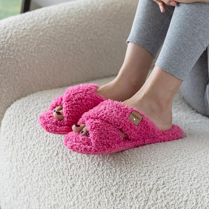Fuzzy Open Toe Slippers for Women Indoor and Outdoor with Memory Foam Cozy Cross Band Women's Slipper Cute Soft House Shoes Slip On Gifts for Womens Mom Her Ladies Bridesmaid