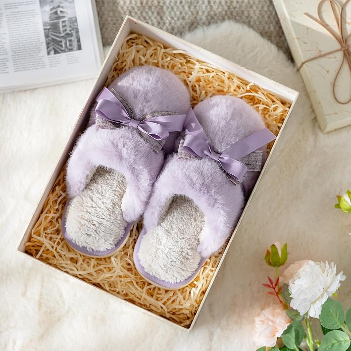 GOEWY Cute Women's Memory Foam House Slippers - Fuzzy Plush Faux Fur Slippers with Bow Butterfly Tie - Anti-Skid Indoor/Outdoor Gifts for Women, Moms & Ladies