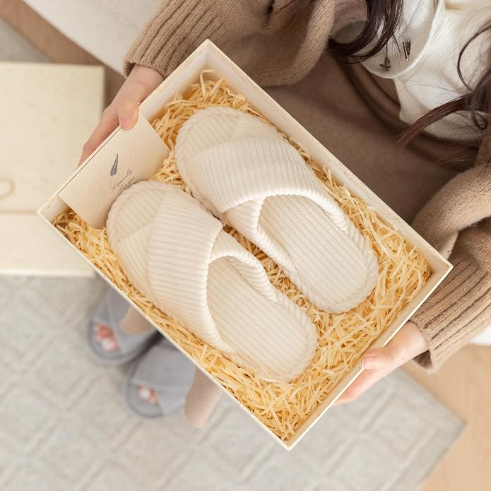 GOEWY Slippers for Women Memory Foam House Bedroom Corduroy Crossbands Open Toe Slides Sandals Shoes Comfy Trendy Gift for womens Anti-Skid sole