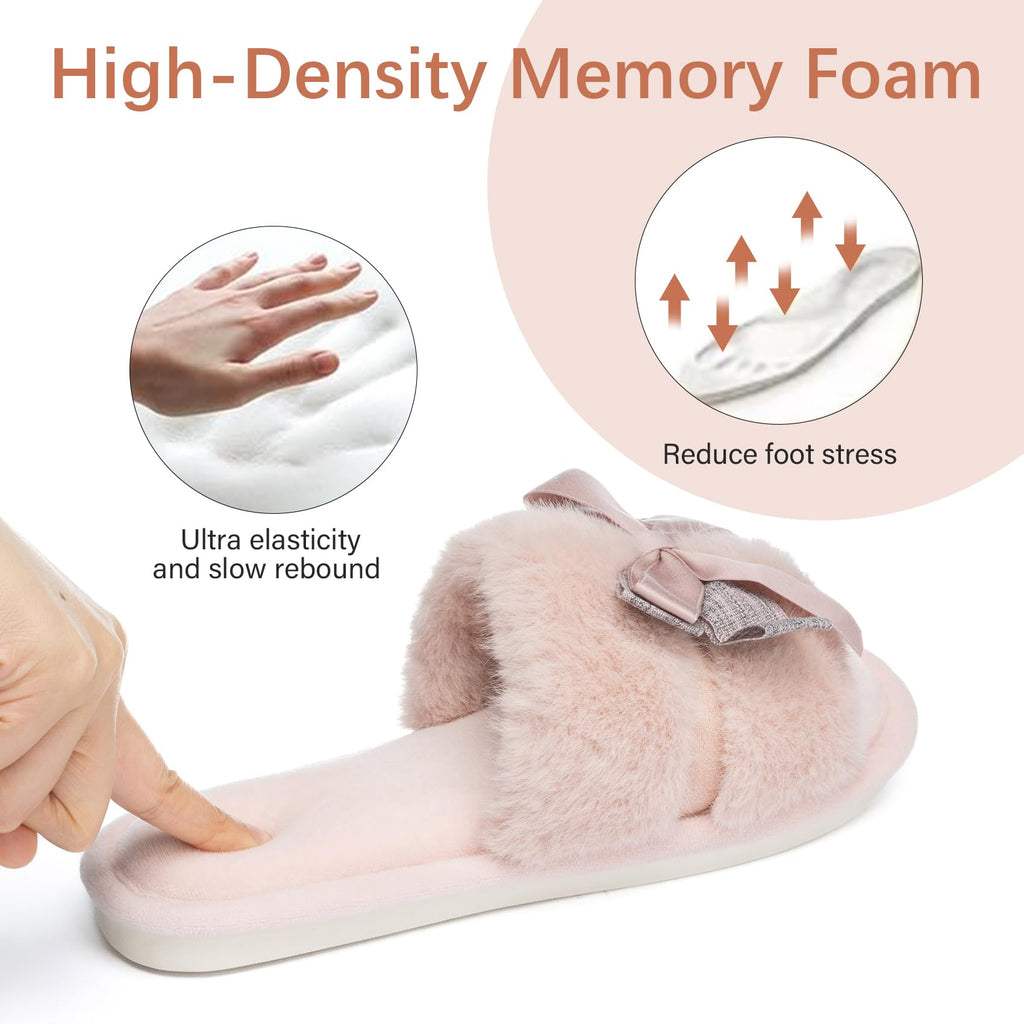 Cute Bow Slippers for Women with Memory Foam Open Toe Fuzzy House Slippers Indoor Outdoor Anti-Skid Soft Birthday Gifts for Women Mom