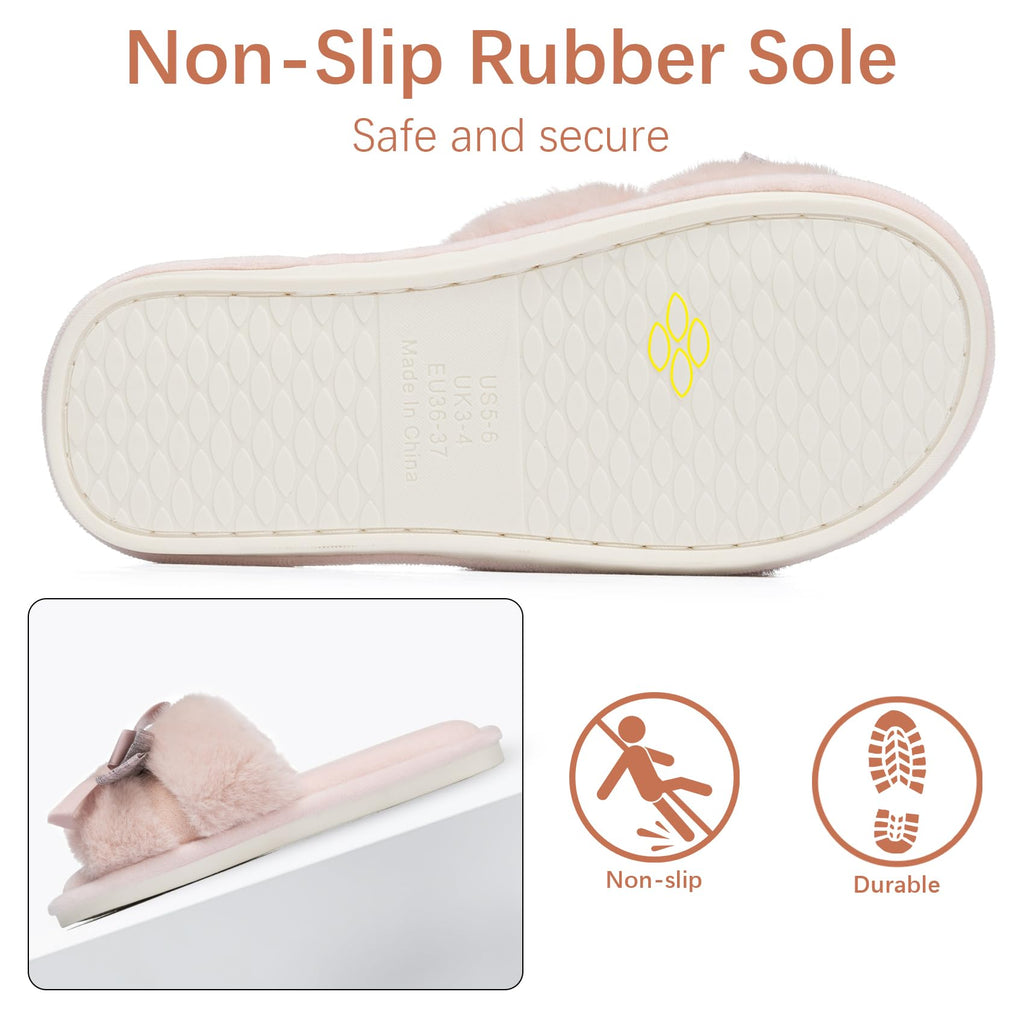 Cute Bow Slippers for Women with Memory Foam Open Toe Fuzzy House Slippers Indoor Outdoor Anti-Skid Soft Birthday Gifts for Women Mom