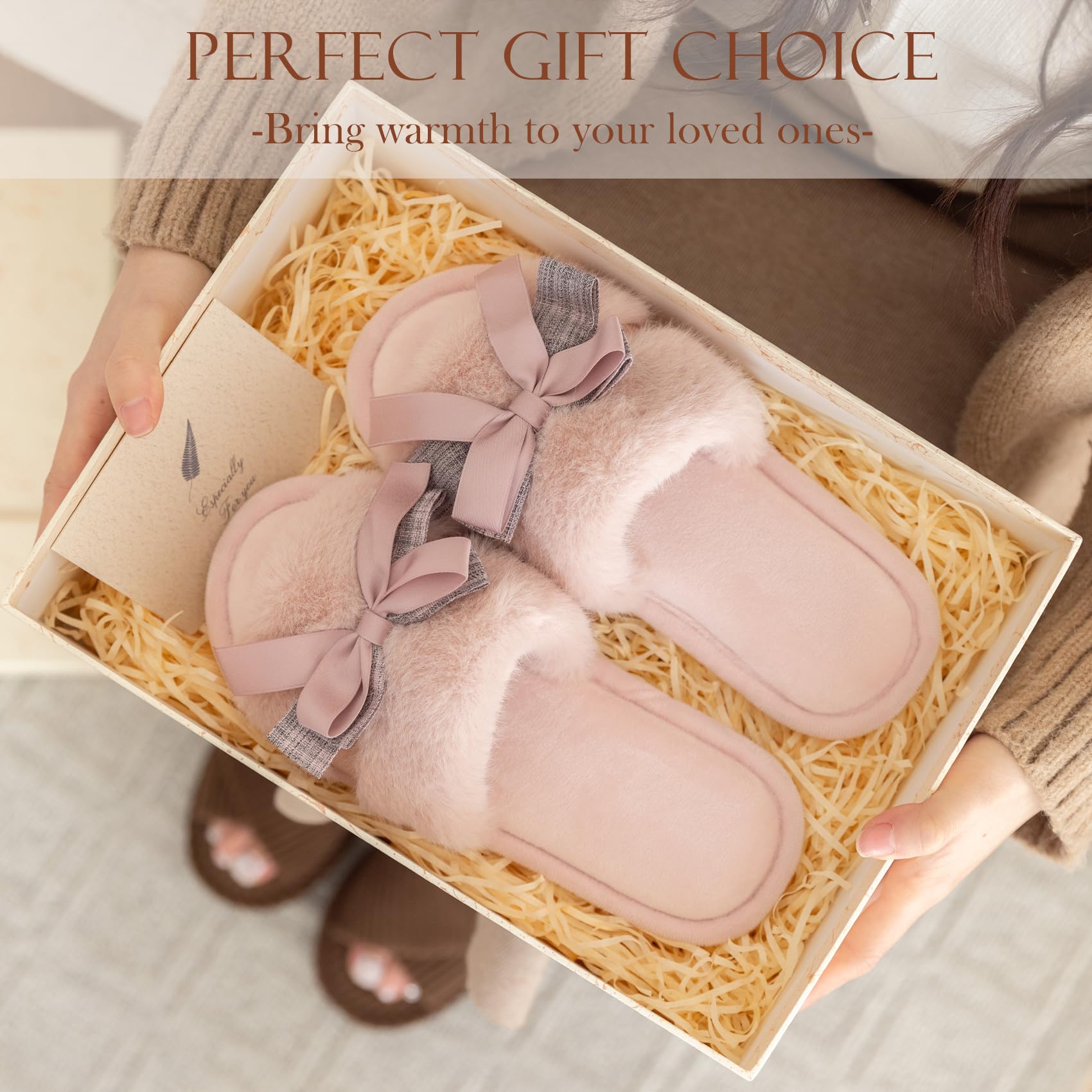 Cute Bow Slippers for Women with Memory Foam Open Toe Fuzzy House Slippers Indoor Outdoor Anti-Skid Soft Birthday Gifts for Women Mom
